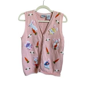Vintage Pink Bunny Rabbit Embroidered Sweater Vest Cardigan Small Petite